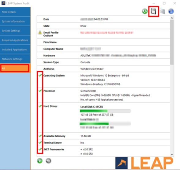 LEAP System Audit tool results